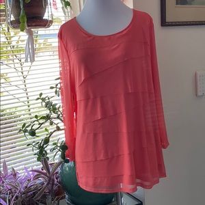 Coral layered mesh top with 3/4 sleeves